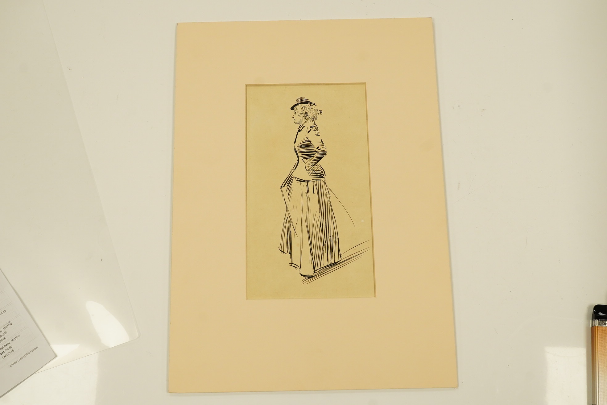 Phil May (1864-1903), pen and ink, Sketch of a lady in a riding habit, Abbott & Holder label, 26 x 20cm, unframed. Good condition but for ground paper being evenly discoloured, white beneath the mount, clean old card mou